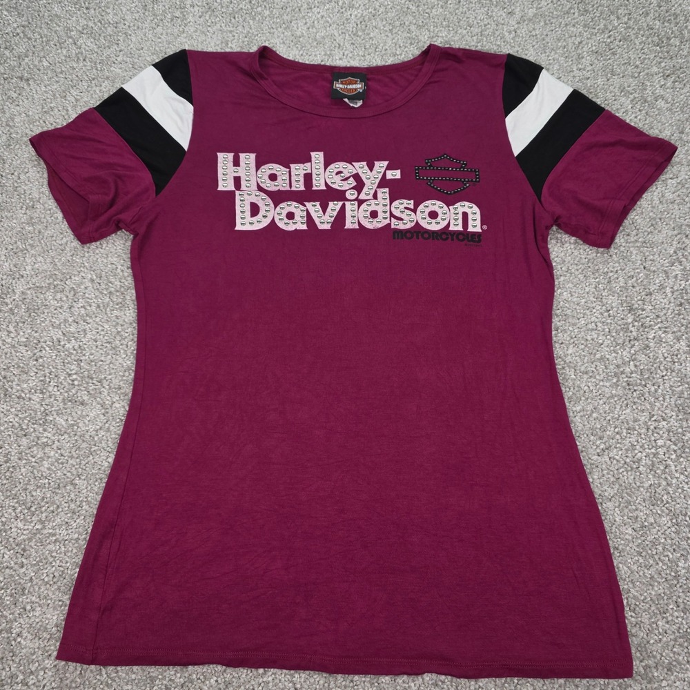 Harley-Davidson Womens Studded Logo Graphic T-Shirt Burgundy Large Sporty Stripe